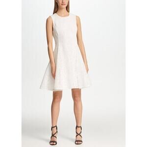 DKNY White Floral Textured Mesh Fit And Flare Lined Dress Sleeveless Size 8